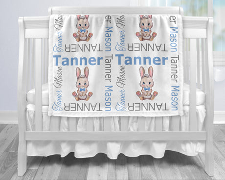 Baby boy bunny blanket, Easter baby gift with rabbits, personalized baby name blanket