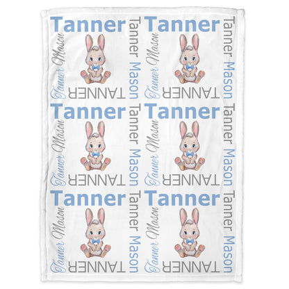 Baby boy bunny blanket, Easter baby gift with rabbits, personalized baby name blanket, (CHOOSE COLORS)