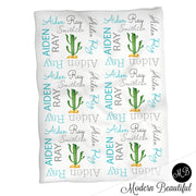 Cactus baby name blanket, blue and gray, cactus baby blanket, baby swaddling blankets, baby girl or boy, baby name blanket, baby shower gift, (CHOOSE COLORS)