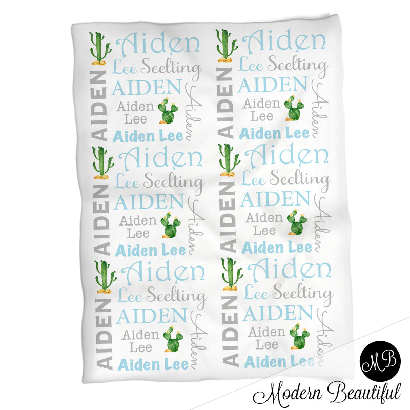 Cactus baby name blanket, blue and gray, cactus baby blanket, baby swaddling blankets, baby girl or boy, baby name blanket, baby shower gift, (CHOOSE COLORS)