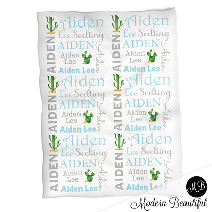 Cactus baby name blanket, blue and gray, cactus baby blanket, baby swaddling blankets, baby girl or boy, baby name blanket, baby shower gift, (CHOOSE COLORS)