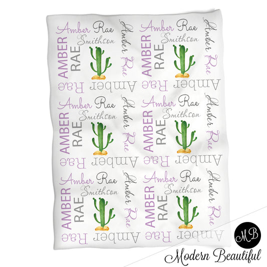 Baby girl cactus name blanket, purple and gray cactus swaddling blankets, baby girl cactus blanket, cactus desert blanket, cactus baby shower gift, (CHOOSE COLORS)