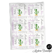 Baby girl cactus name blanket, purple and gray cactus swaddling blankets, baby girl cactus blanket, cactus desert blanket, cactus baby shower gift, (CHOOSE COLORS)