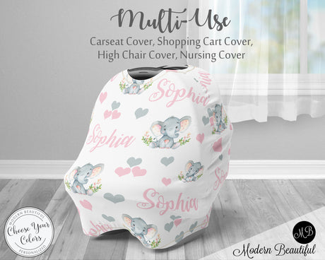 Elephant baby girl car seat canopy cover, elephant baby gift, pink and gray elephant custom infant car seat cover, personalized baby name carseat cover, nursing privacy cover, shopping cart cover, high chair cover (CHOOSE COLORS)