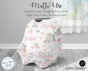 Chic elephant baby girl car seat canopy cover, elephant baby gift, pink and gray elephant custom infant car seat cover, personalized baby name carseat cover, nursing privacy cover, shopping cart cover, high chair cover (CHOOSE COLORS)
