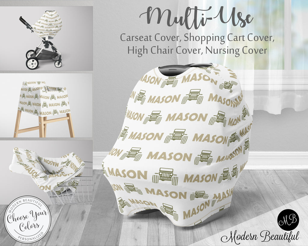 Jeep 4x4 baby boy or girl car seat canopy cover, jeep baby gift, green and white, custom infant car seat cover, personalized baby name carseat cover, nursing privacy cover, shopping cart cover, high chair cover (CHOOSE COLORS)