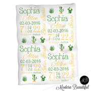 Cactus baby girl stats blanket, green and yellow, cactus girl baby blanket, personalized cactus baby blanket, baby stats blanket, boy or girl stats swaddle blanket, baby shower gift, choose colors