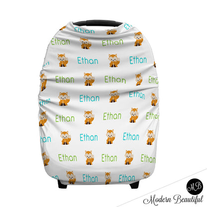 Fox baby boy or girl car seat canopy cover, fox baby gift, green and aqua, custom infant car seat cover, personalized baby name carseat cover, nursing privacy cover, shopping cart cover, high chair cover (CHOOSE COLORS)