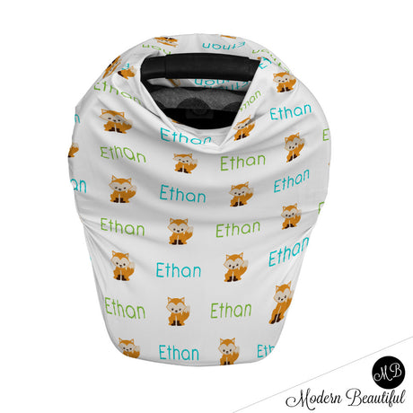 Fox baby boy or girl car seat canopy cover, fox baby gift, green and aqua, custom infant car seat cover, personalized baby name carseat cover, nursing privacy cover, shopping cart cover, high chair cover (CHOOSE COLORS)