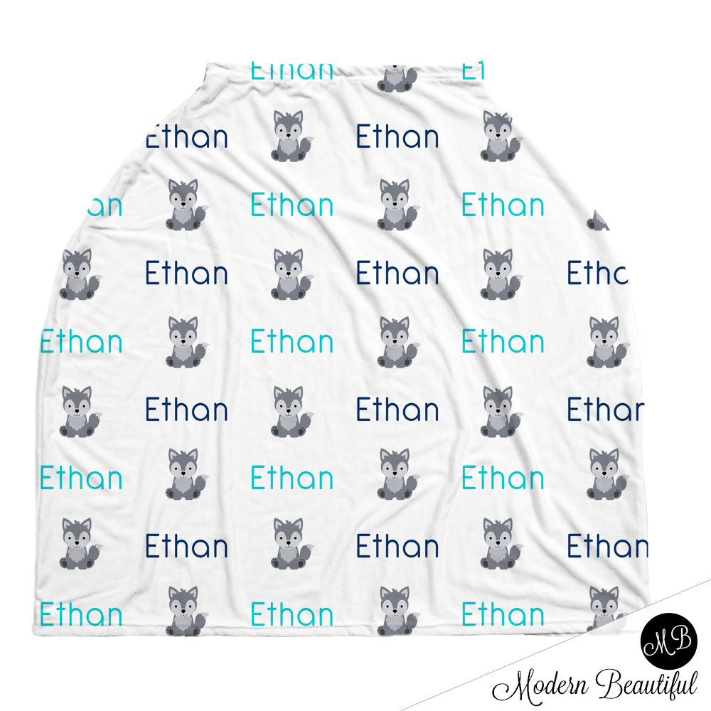 Wolf baby boy or girl car seat canopy cover, wolf baby gift, gray and aqua, custom infant car seat cover, personalized baby name carseat cover, nursing privacy cover, shopping cart cover, high chair cover (CHOOSE COLORS)