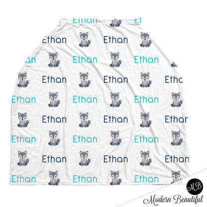 Wolf baby boy or girl car seat canopy cover, wolf baby gift, gray and aqua, custom infant car seat cover, personalized baby name carseat cover, nursing privacy cover, shopping cart cover, high chair cover (CHOOSE COLORS)