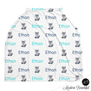 Wolf baby boy or girl car seat canopy cover, wolf baby gift, gray and aqua, custom infant car seat cover, personalized baby name carseat cover, nursing privacy cover, shopping cart cover, high chair cover (CHOOSE COLORS)