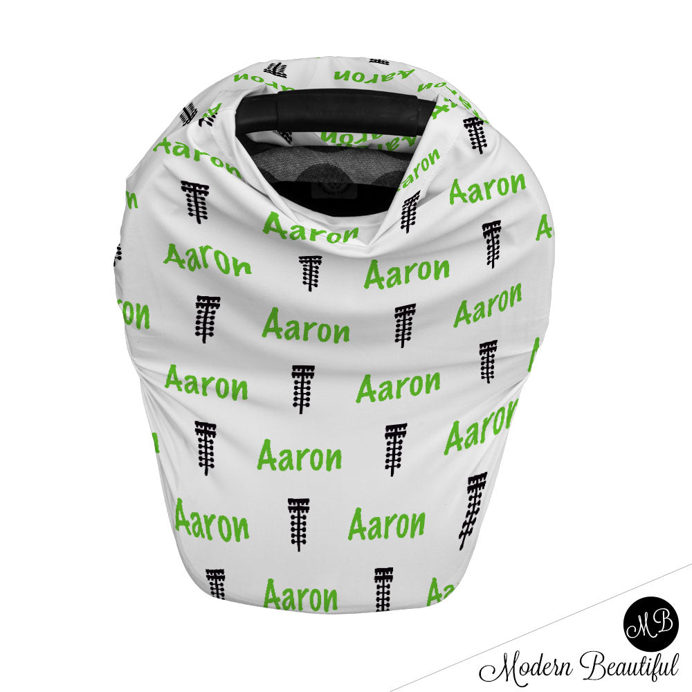 Drag racing tree baby boy or girl car seat canopy cover, racing baby gift, green and black, custom infant car seat cover, personalized baby name carseat cover, nursing privacy cover, shopping cart cover, high chair cover (CHOOSE COLORS)