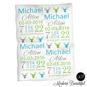 Deer antler baby boy stats blanket, blue and green, antler boy baby blanket, personalized deer baby blanket, baby stats blanket, boy or girl stats swaddle blanket, baby shower gift, choose colors