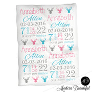 Deer antler baby girl stats blanket, blue and pink, antler girl baby blanket, personalized deer baby blanket, baby stats blanket, boy or girl stats swaddle blanket, baby shower gift, choose colors