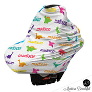 Dinosaur baby boy or girl car seat canopy cover, dinosaur baby gift, multi color, custom infant car seat cover, personalized baby name carseat cover, nursing privacy cover, shopping cart cover, high chair cover (CHOOSE COLORS)