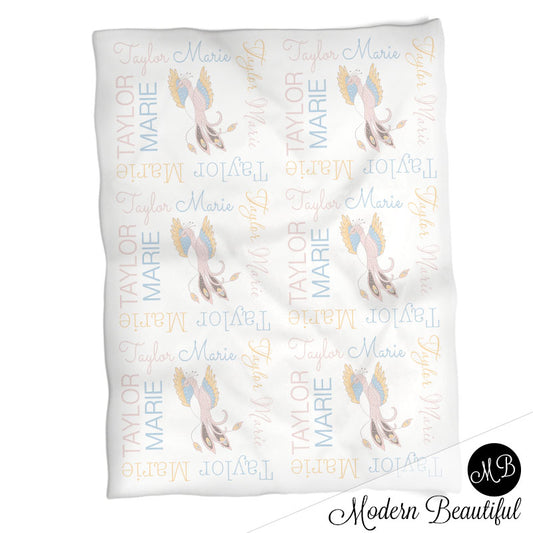 Baby girl pastel bird name blanket, bird swaddling blanket, baby girl bird pastel blanket, girl baby shower gift, choose colors