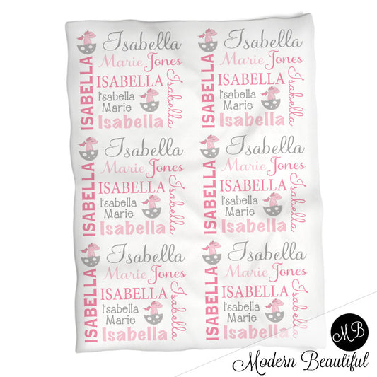 Baby girl dragon name blanket, pink and gray dragon swaddling blankets, baby girl dragon blanket, dragon girl blanket, dragon baby shower gift, (CHOOSE COLORS)