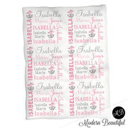 Baby girl dragon name blanket, pink and gray dragon swaddling blankets, baby girl dragon blanket, dragon girl blanket, dragon baby shower gift, (CHOOSE COLORS)