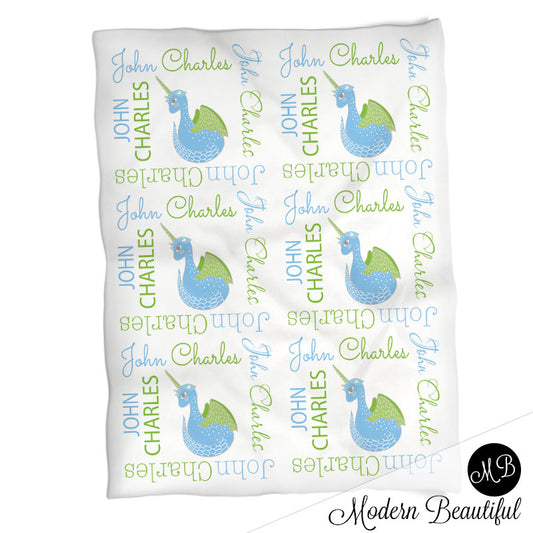 Personalized Dragon baby name blanket, blue and green, dragonicorn baby name blanket, baby swaddling blankets, baby girl or boy, baby name blanket, baby shower gift, (CHOOSE COLORS)