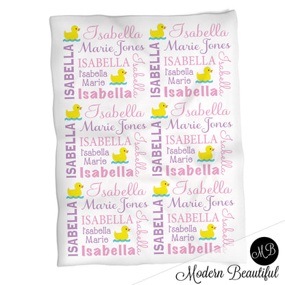 Ducky girl baby name blanket, rubber duck personalized blanket, pink and purple, boy or girl blanket, baby shower gift, personalized name blanket, (CHOOSE COLORS)