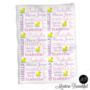 Ducky girl baby name blanket, rubber duck personalized blanket, pink and purple, boy or girl blanket, baby shower gift, personalized name blanket, (CHOOSE COLORS)