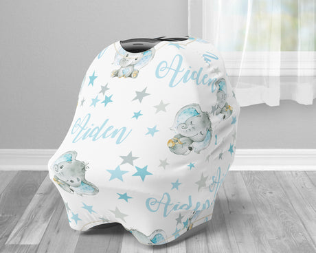 Stars and elephant baby boy car seat canopy cover, elephant baby gift, blue and gray elephant custom infant car seat cover, personalized baby name carseat cover, nursing privacy cover, shopping cart cover, high chair cover (CHOOSE COLORS)
