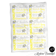 Elephant girl baby name blanket, elephant personalized blanket, yellow and gray, boy or girl blanket, baby shower gift, personalized name blanket, (CHOOSE COLORS)