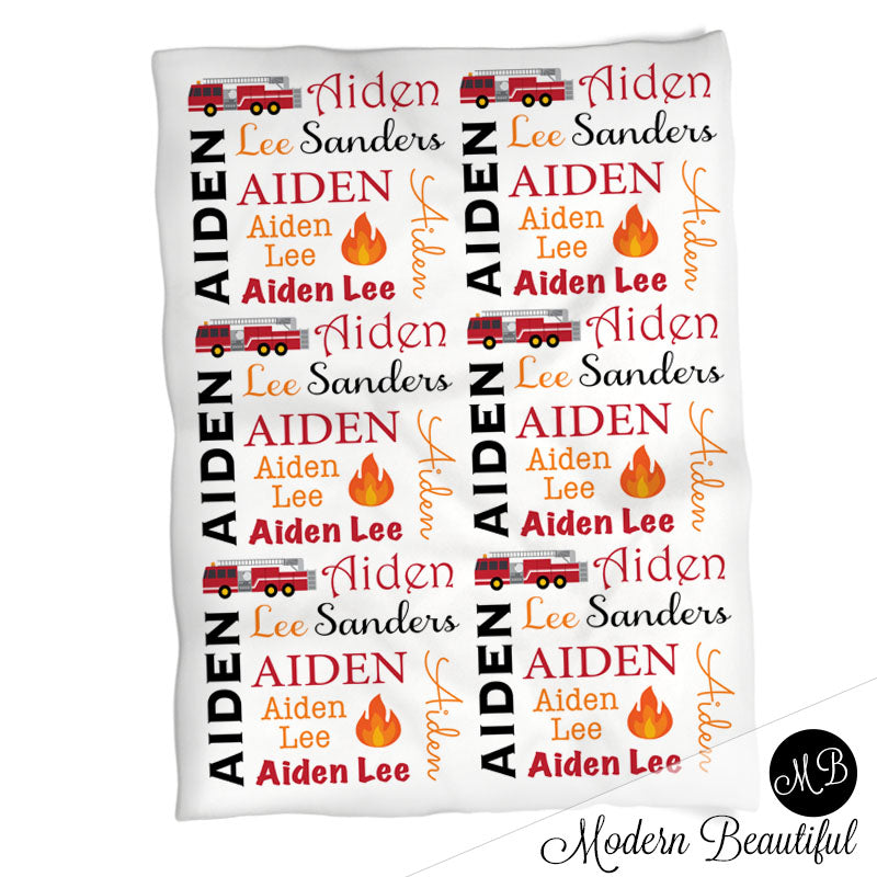 Firetruck baby name blanket, red and orange, fireman baby blanket, baby swaddling blankets, baby girl or boy, baby name blanket, baby shower gift, (CHOOSE COLORS)