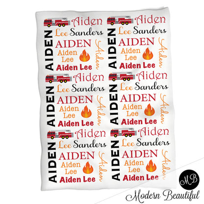 Firetruck baby name blanket, red and orange, fireman baby blanket, baby swaddling blankets, baby girl or boy, baby name blanket, baby shower gift, (CHOOSE COLORS)