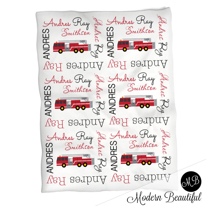 Firetruck baby name blanket, red and black, firefighter baby blanket, baby swaddling blankets, baby girl or boy, baby name blanket, baby shower gift, (CHOOSE COLORS)