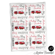 Firetruck baby name blanket, red and black, firefighter baby blanket, baby swaddling blankets, baby girl or boy, baby name blanket, baby shower gift, (CHOOSE COLORS)