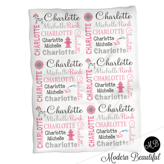 Baby girl fireman name blanket, pink and gray fireman swaddling blankets, baby girl firefighter blanket, girl firetruck blanket, firetruck baby shower gift, (CHOOSE COLORS)