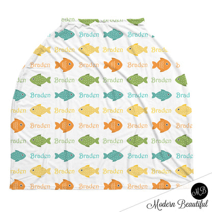 Fish baby boy or girl car seat canopy covers, fish baby gift, multi color, custom infant car seat cover, personalized baby name carseat cover, nursing privacy cover, shopping cart cover, high chair cover (CHOOSE COLORS)