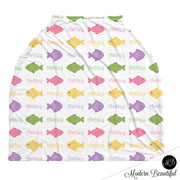 Fish baby boy or girl car seat canopy covers, fish baby gift, pastel color, custom infant car seat cover, personalized baby name carseat cover, nursing privacy cover, shopping cart cover, high chair cover (CHOOSE COLORS)
