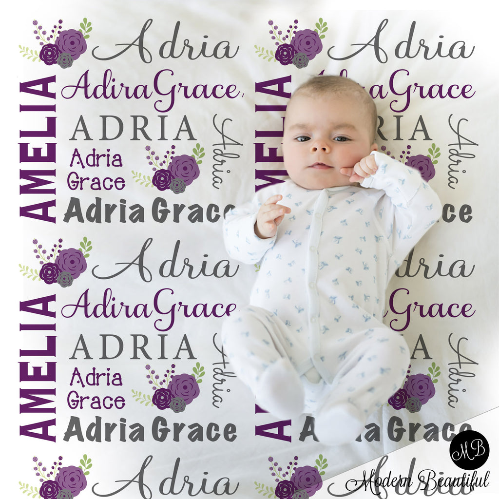 Chic flower baby name blanket in purple and gray