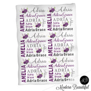 Chic flower baby name blanket in purple and gray, personalized girl floral baby blanket, boy or girl name blanket, personalized name blanket, baby shower gift (CHOOSE COLORS)