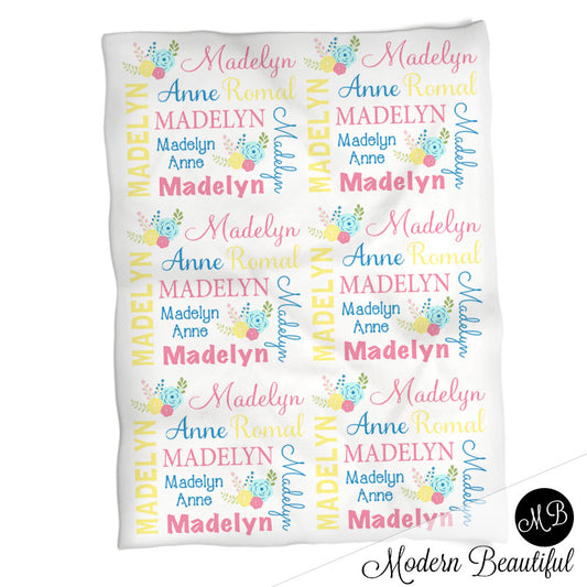 Baby girl chic flower blanket, floral baby blanket, flower personalized baby gift, baby blanket, personalized blanket, choose colors