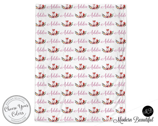 Floral Fox baby girl blanket, pink and white, fox name blanket, custom fox personalized baby gift, swaddle baby blanket, personalized blanket, boy or girl blanket, choose colors