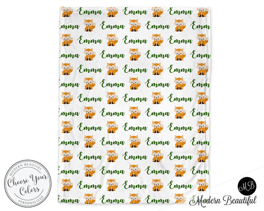 Fox baby girl blanket, green and white, fox name blanket, custom fox personalized baby gift, swaddle baby blanket, personalized blanket, boy or girl blanket, choose colors