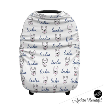 French bulldog baby boy or girl car seat canopy cover, blue and gray custom infant car seat cover, personalized baby name carseat cover, nursing privacy cover (CHOOSE COLORS)