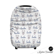 French bulldog baby boy or girl car seat canopy cover, blue and gray custom infant car seat cover, personalized baby name carseat cover, nursing privacy cover (CHOOSE COLORS)