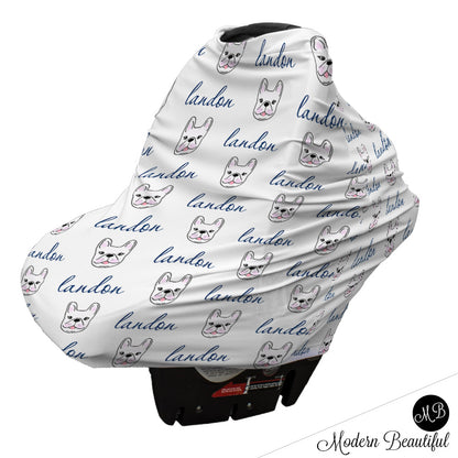 French bulldog baby boy or girl car seat canopy cover, blue and gray custom infant car seat cover, personalized baby name carseat cover, nursing privacy cover (CHOOSE COLORS)