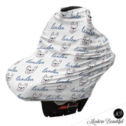 French bulldog baby boy or girl car seat canopy cover, blue and gray custom infant car seat cover, personalized baby name carseat cover, nursing privacy cover (CHOOSE COLORS)