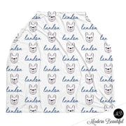 French bulldog baby boy or girl car seat canopy cover, blue and gray custom infant car seat cover, personalized baby name carseat cover, nursing privacy cover (CHOOSE COLORS)