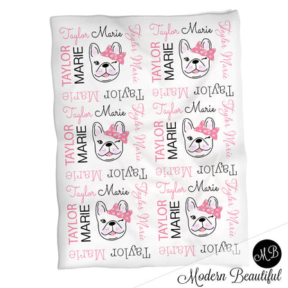French bulldog name blanket in black and pink, bulldog swaddling blanket, baby girl frenchie blanket, bulldogs blanket, bulldog baby shower gift, (CHOOSE COLORS)