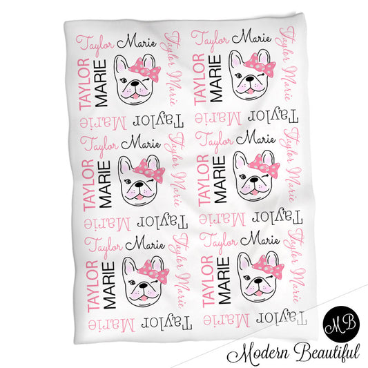 French bulldog name blanket in black and pink, bulldog swaddling blanket, baby girl frenchie blanket, bulldogs blanket, bulldog baby shower gift, (CHOOSE COLORS)