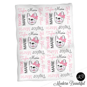 French bulldog name blanket in black and pink, bulldog swaddling blanket, baby girl frenchie blanket, bulldogs blanket, bulldog baby shower gift, (CHOOSE COLORS)