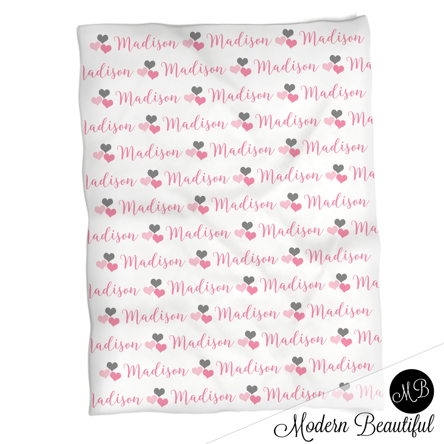 Heart baby girl blanket, pink and gray hearts name blanket, custom heart personalized baby gift, swaddle baby blanket, personalized blanket, choose colors