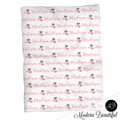 Heart baby girl blanket, pink and gray hearts name blanket, custom heart personalized baby gift, swaddle baby blanket, personalized blanket, choose colors